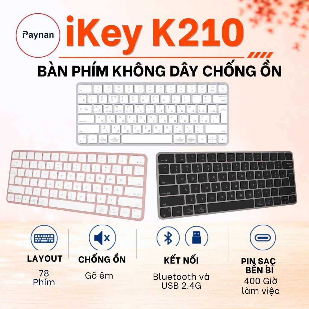 Bàn phím không dây Meetion iKey K210 không ồn 2 mode kết nối Bluetooth 2.4G pin sạc cổng type C