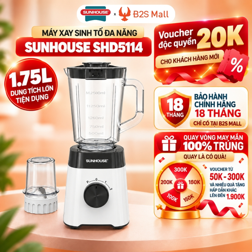 Máy Xay Sinh Tố Đa Năng Sunhouse SHD5114 450W 2 Cối Lưỡi Dao Inox Xay Hạt Xay Thịt Chính Hãng