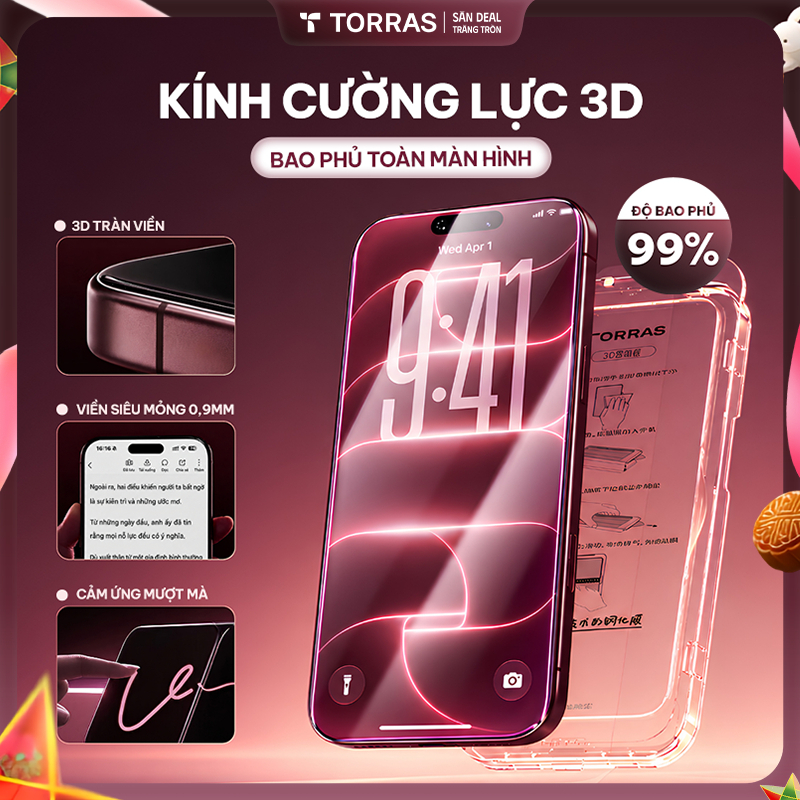 [Thiết Kế Cho iPhone 18 - 15] TORRAS Kính Cường Lực 3D Viền Đen Cong Full Màn Trong Suốt 17 16 Pro Max