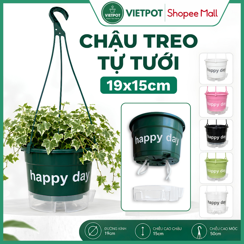 Chậu tự tưới treo Happy Day, size 19x15cm, VIETPOT, cho cây cảnh, thông minh decor ban công sân vườn