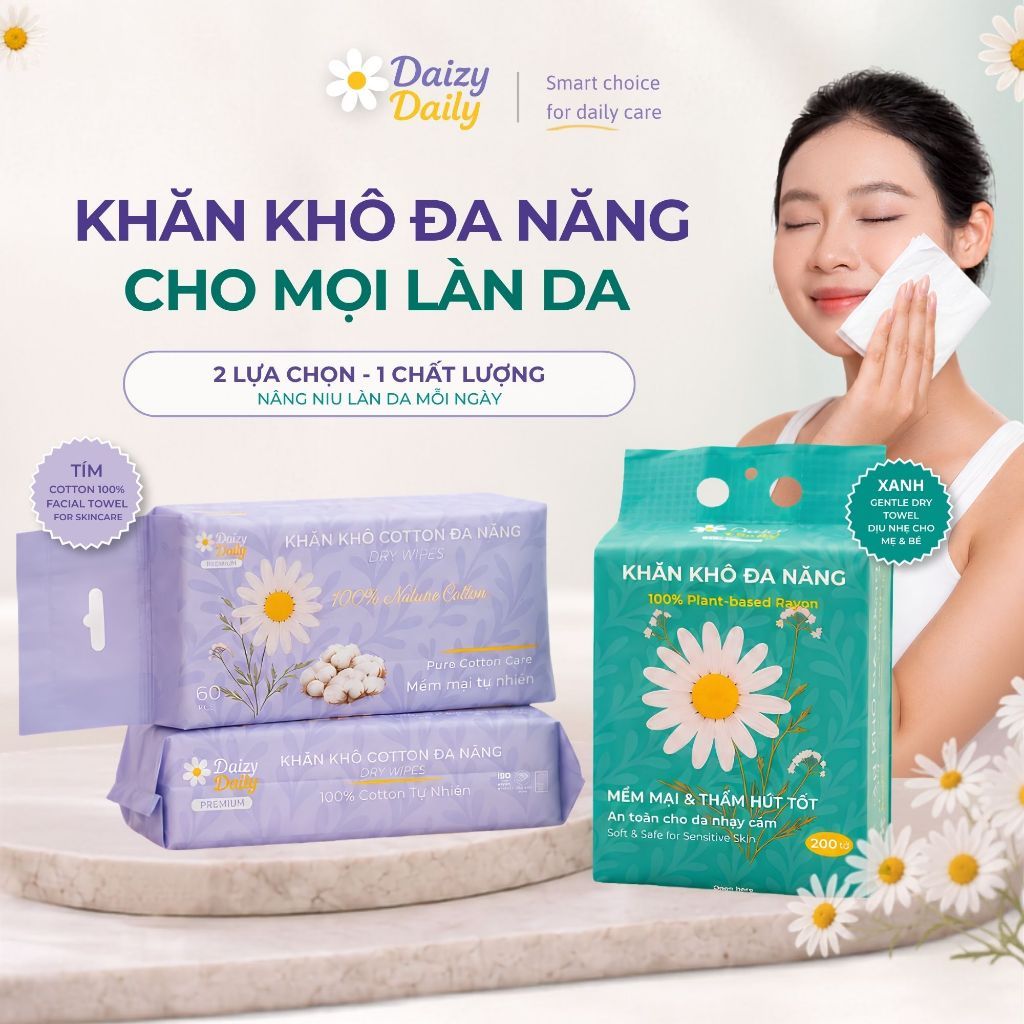 Khăn Rửa Mặt Cotton Dùng Một Lần Cao Cấp Daizy Daily Facial Towel Cho Skincare Hằng Ngày