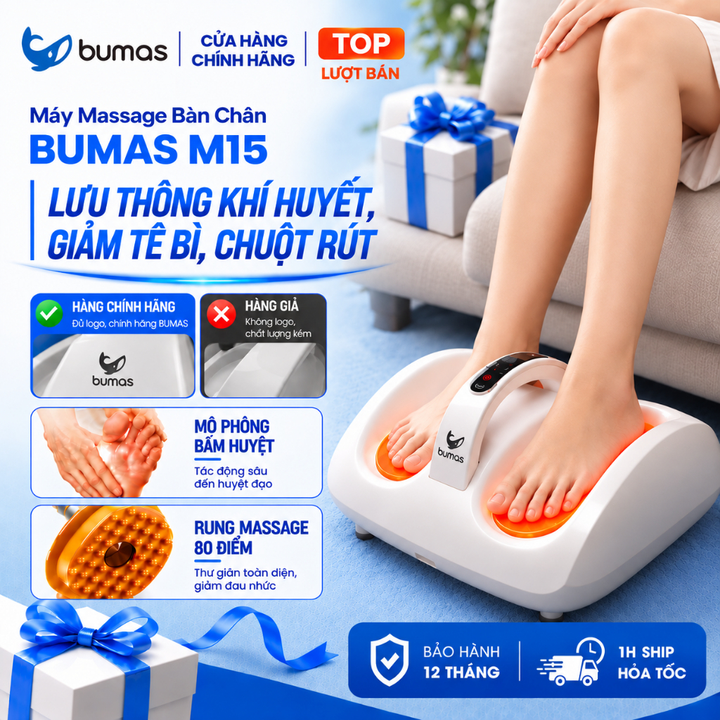 [Set Quà 20/10] Máy Massage Bàn Chân BUMAS M15 -  Máy Massage Chân Rung Bấm Huyệt - Giảm Đau Gót Chân, Gan Bàn Chân