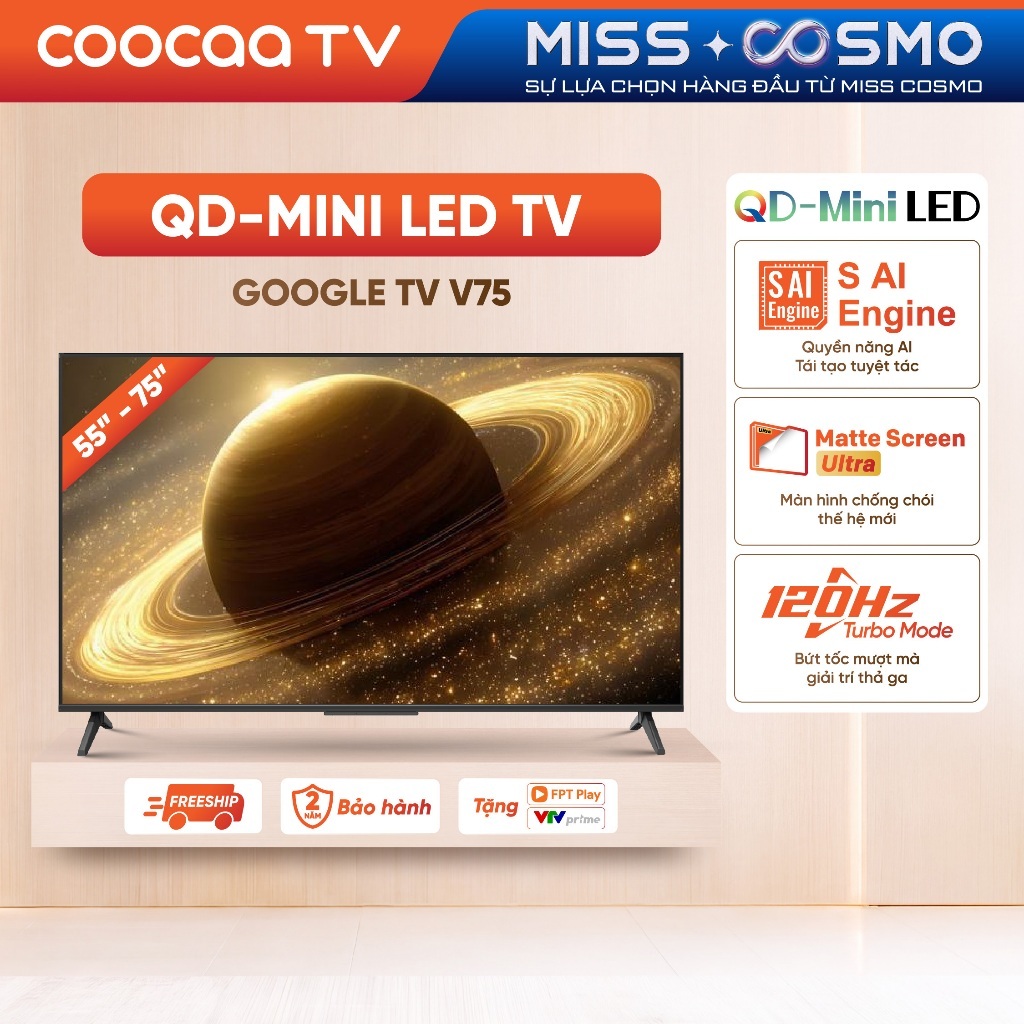QD-Mini LED TV COOCAA 55-65-75 inch 4K UHD 55V75 65V75 75V75 | Điều Khiển Bằng Giọng Nói |Dolby Atmos - Miễn phí lắp đặt