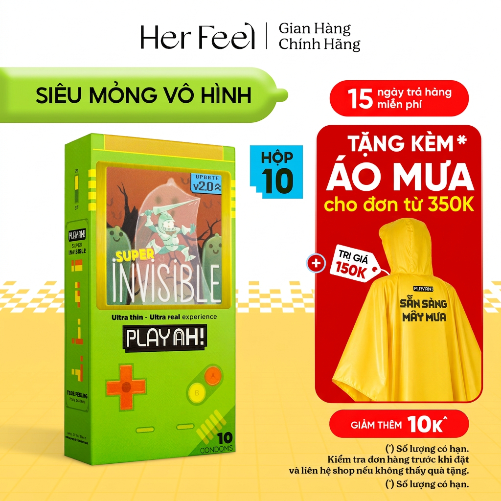Bao Cao Su PlayAh Super Invisible Siêu Mỏng/ Nhiều Gel/ Kéo Dài Thời Gian/ Có Gai Hộp 10 size 52mm