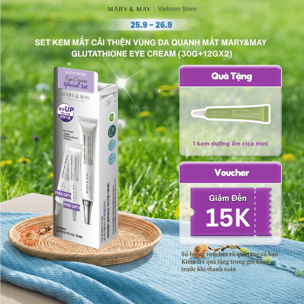 Set Kem mắt cải thiện vùng da quanh mắt Mary&May Glutathione Eye Cream (30g+12gx2)