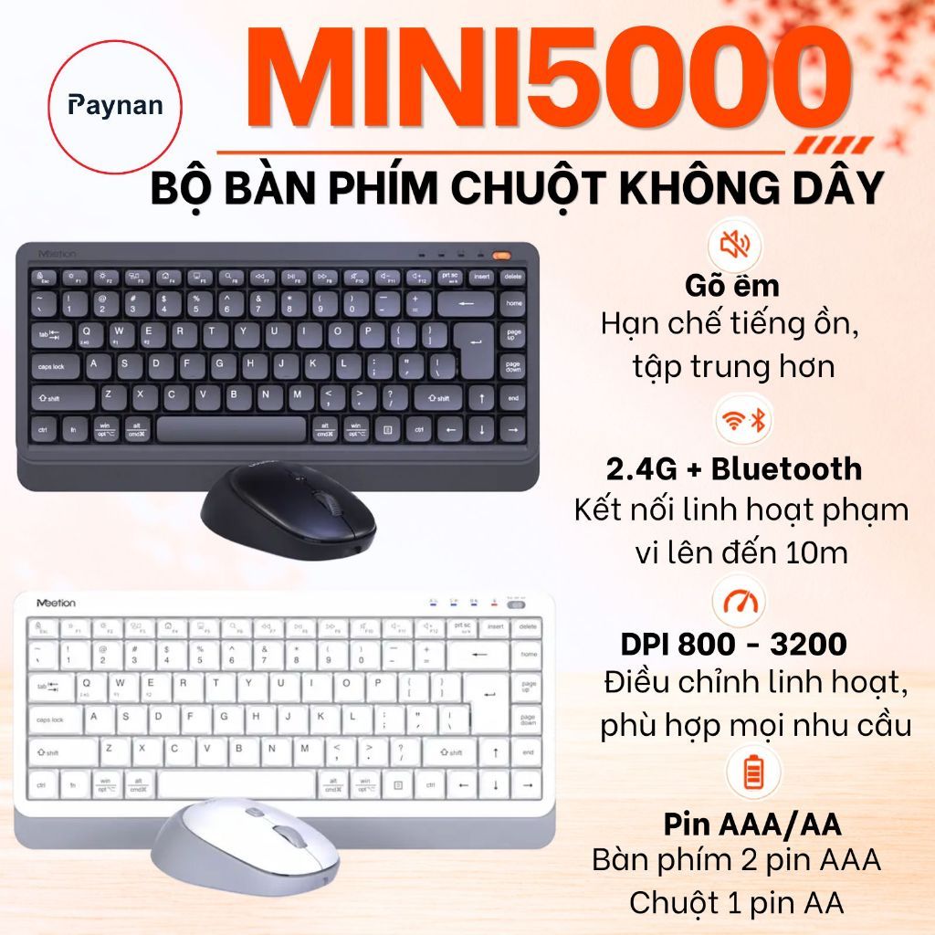 Bộ bàn phím chuột không dây Meetion Mini5000 chống ồn dual 2 mode Bluetooth/2.4GHz thiết kế nhỏ gọn