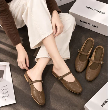 Giày Búp Bê Mũi Vuông Hở Gót Chần Chỉ Merly 1584 35-43, Giày Búp Bê Quai Ngang Phong Cách Hàn, Dép Sục Nữ, Dép M