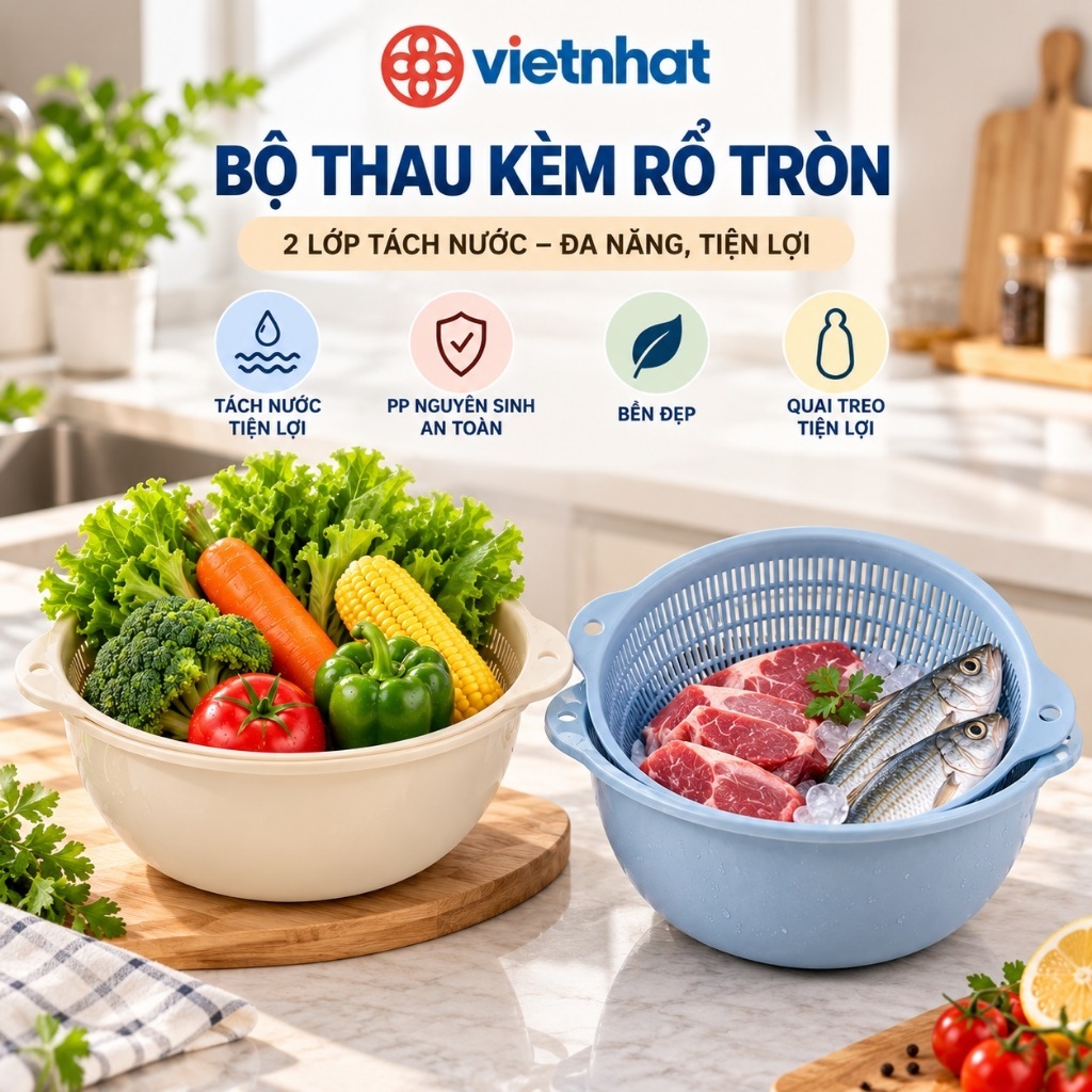 Bộ thau rổ tròn HOKORI nhựa VIỆT NHẬT cao cấp 2375 2376 - Thau rổ 2 lớp tách nước, đựng rau, rửa thực phẩm