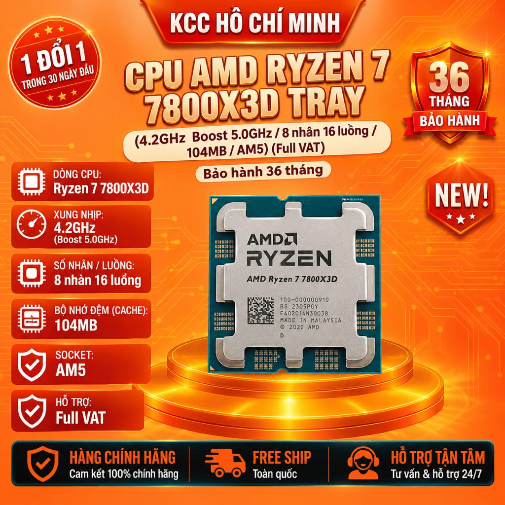 CPU AMD Ryzen 7 7800X3D Tray (4.2GHz Boost 5.0GHz / 8 nhân 16 luồng / 104MB / AM5) (Full VAT) - Bảo hành 36 tháng