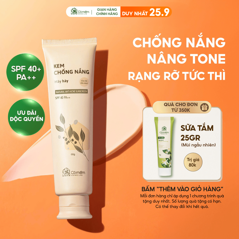 Kem Chống Nắng Mặt Nâng Tông Thấm Nhanh Hây Hây Cho Mọi Loại Da Khô Dầu Mụn SPF 40 PA ++ Cỏ Mềm 60g