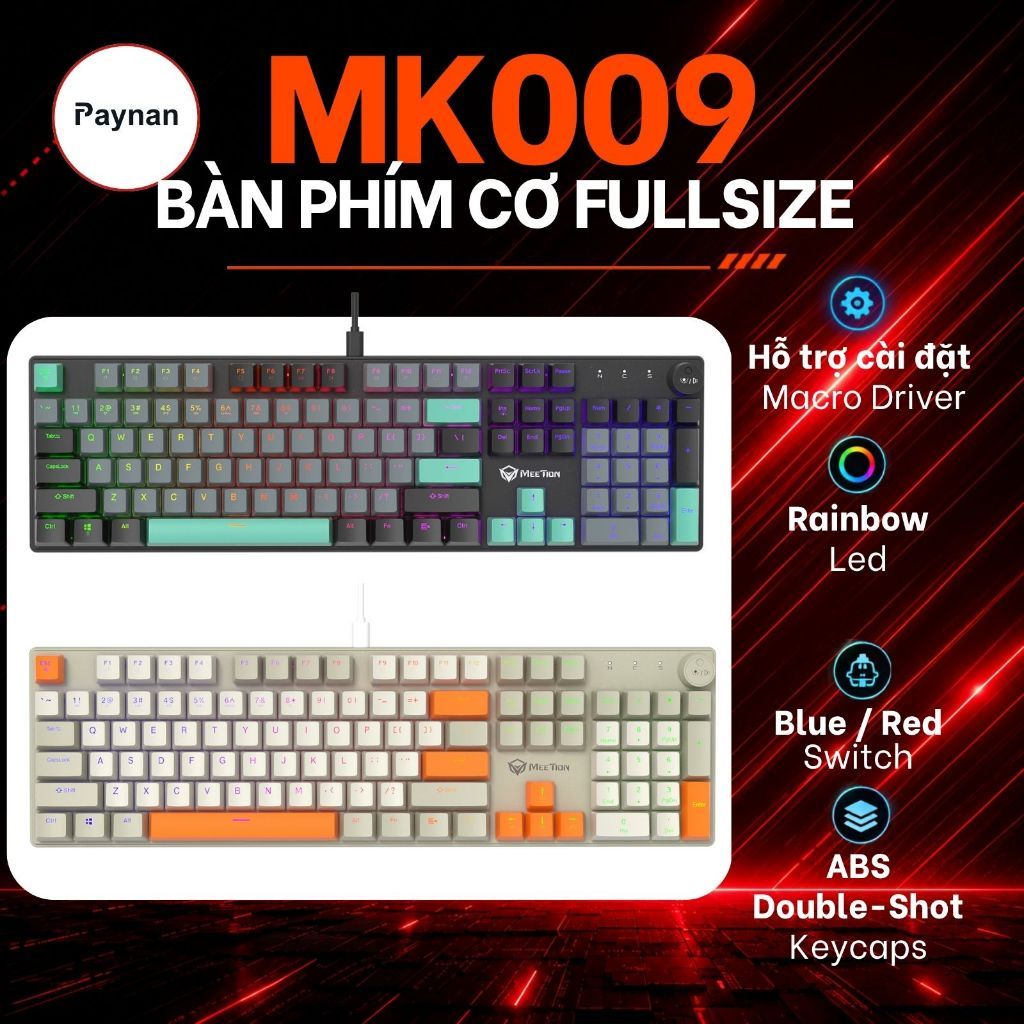 Bàn phím cơ gaming Meetion MK009 Fullsize 104 phím Hot-swappable, LED nền Rainbow, có App cài Macro