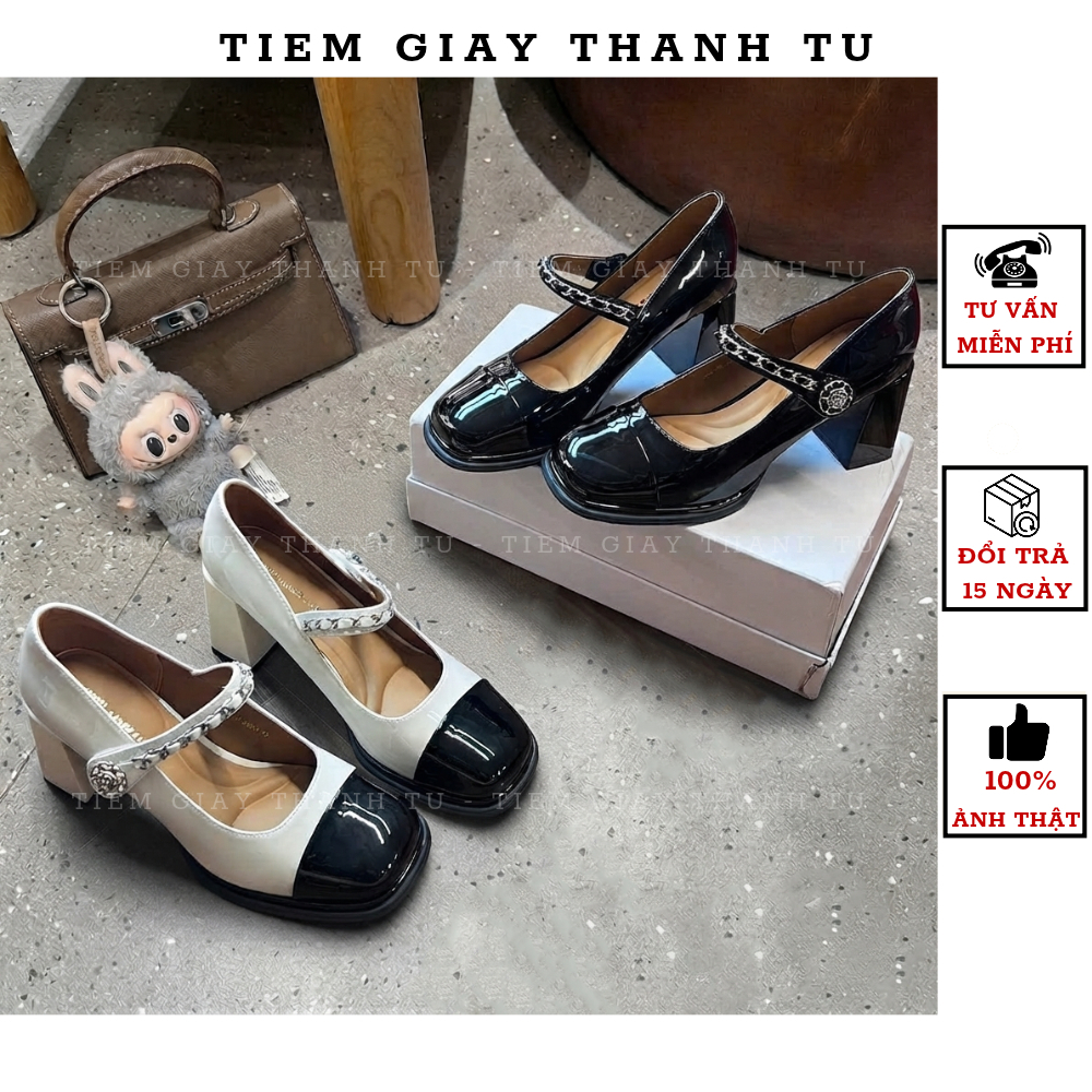 100 Giày cao gót Mary Jane mũi vuông quai ngọc đá sang chảnh, Giày lolita đế vuông phong cách tiểu thư Vintage hàng