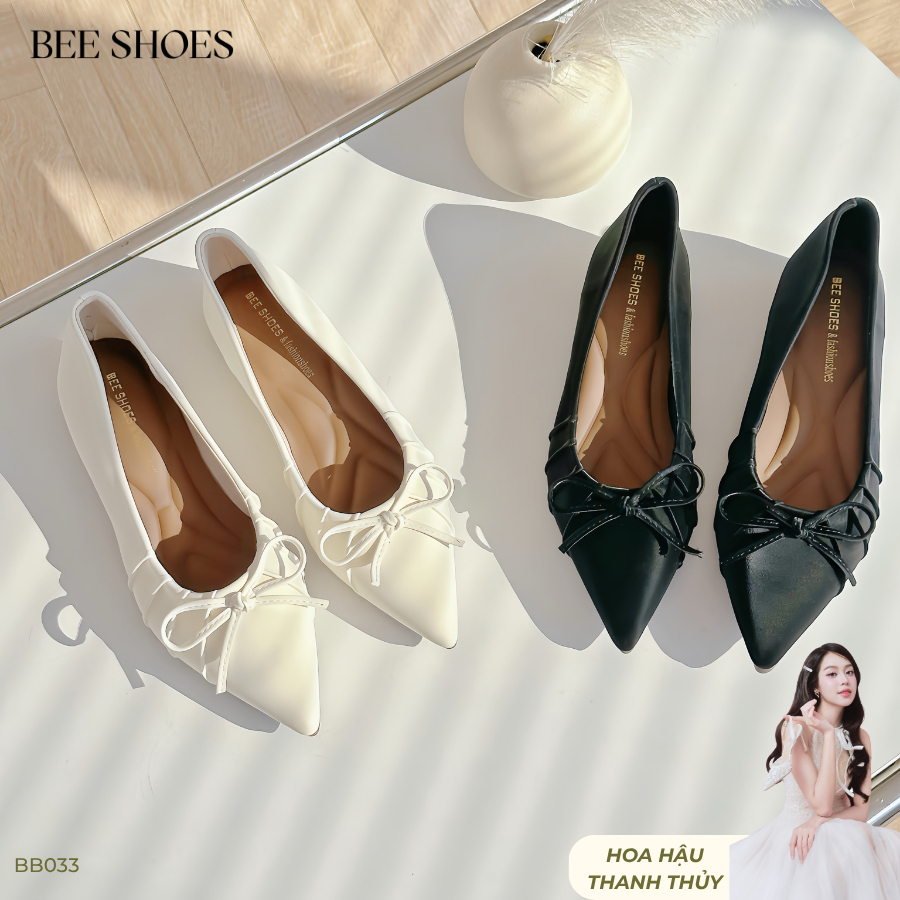 Giày búp bê nữ BEESHOES da lì, đính nơ mũi nhọn đế bệt 1 phân sẵn màu kem - đen BB033