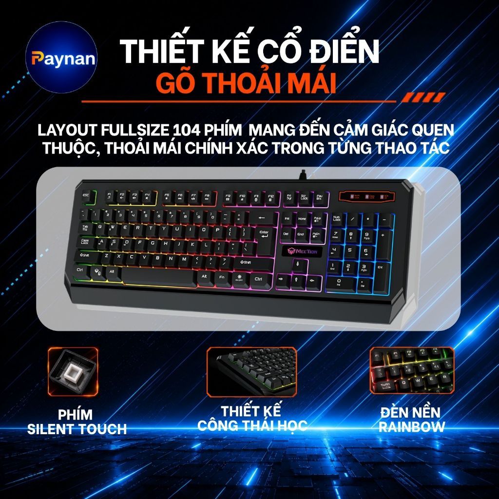 Bàn Phím Gaming Meetion K9320 Fullsize 104 Phím Chống Ồn Led Nền Rainbow Thiết Kế Chuyên Game | BigBuy360 - bigbuy360.vn