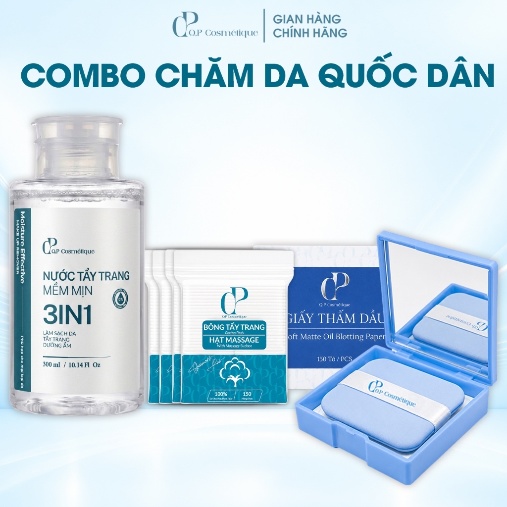 Combo Chăm Da Quốc Dân Q.P Cosmétique | Nước Tẩy Trang + Combo Bông Tẩy Trang + Hộp Giấy Thấm Dầu