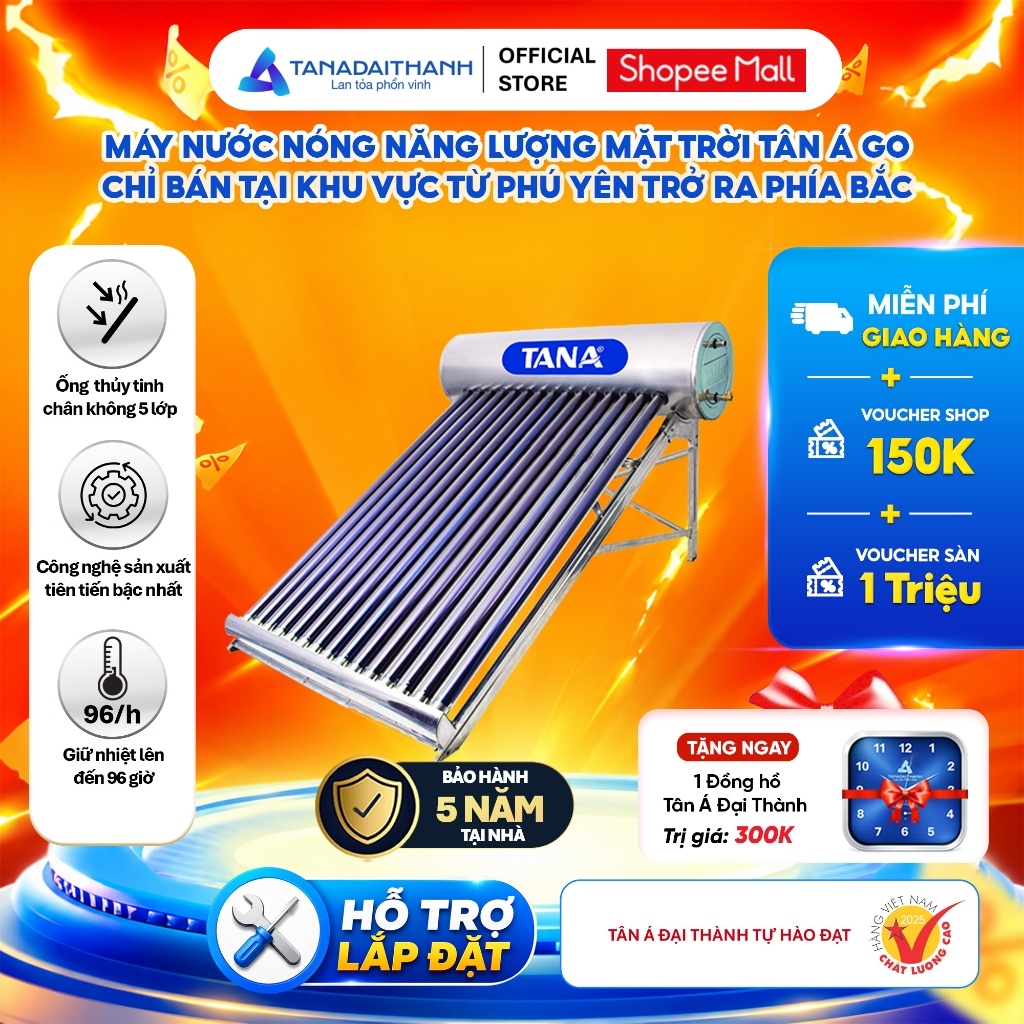 [GIAO LẮP MIỀN BẮC] Máy nước nóng Năng lượng mặt trời Tân Á GO 140L-300L - Chính hãng, BH 5 năm