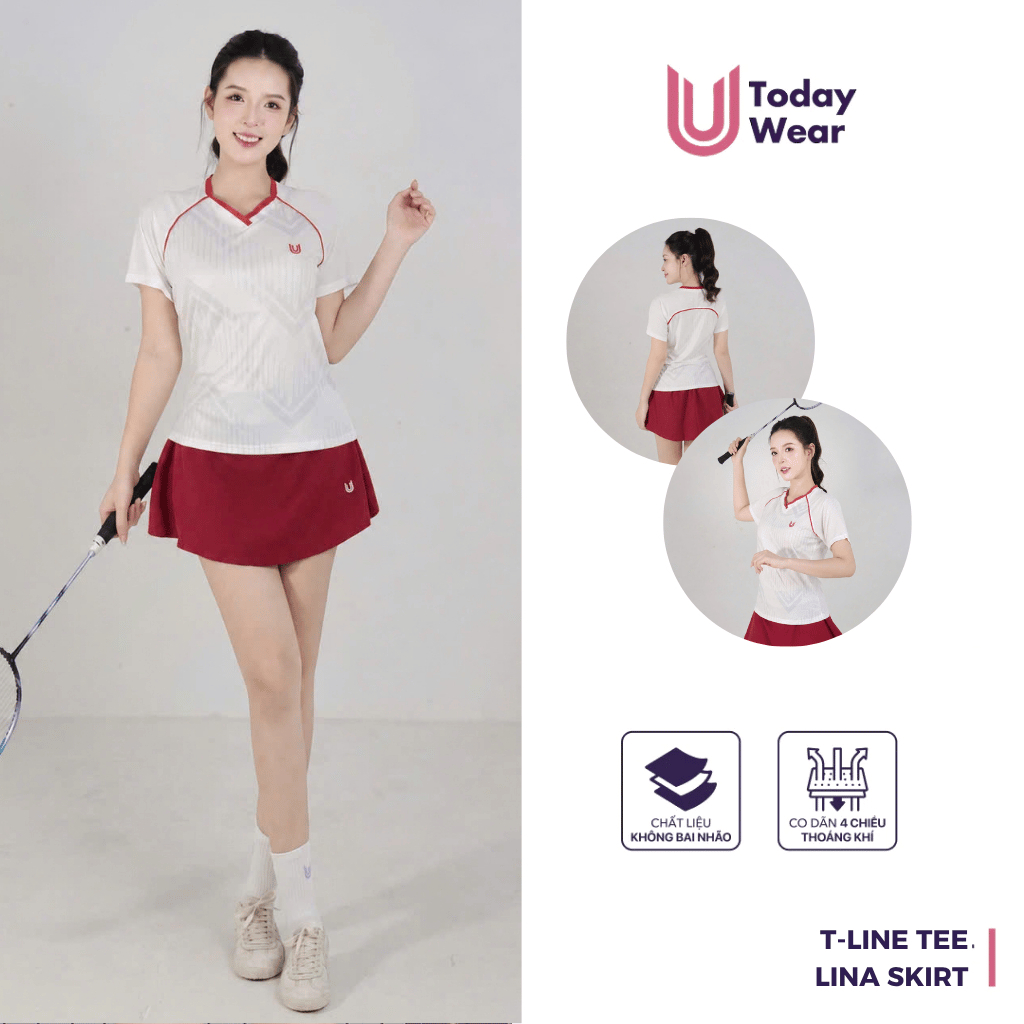 [NEW ARRIVAL] Set thể thao nữ cầu lông áo T-Line Trắng Phối Váy Lina Đỏ thoáng mát thấm hút mồ hôi