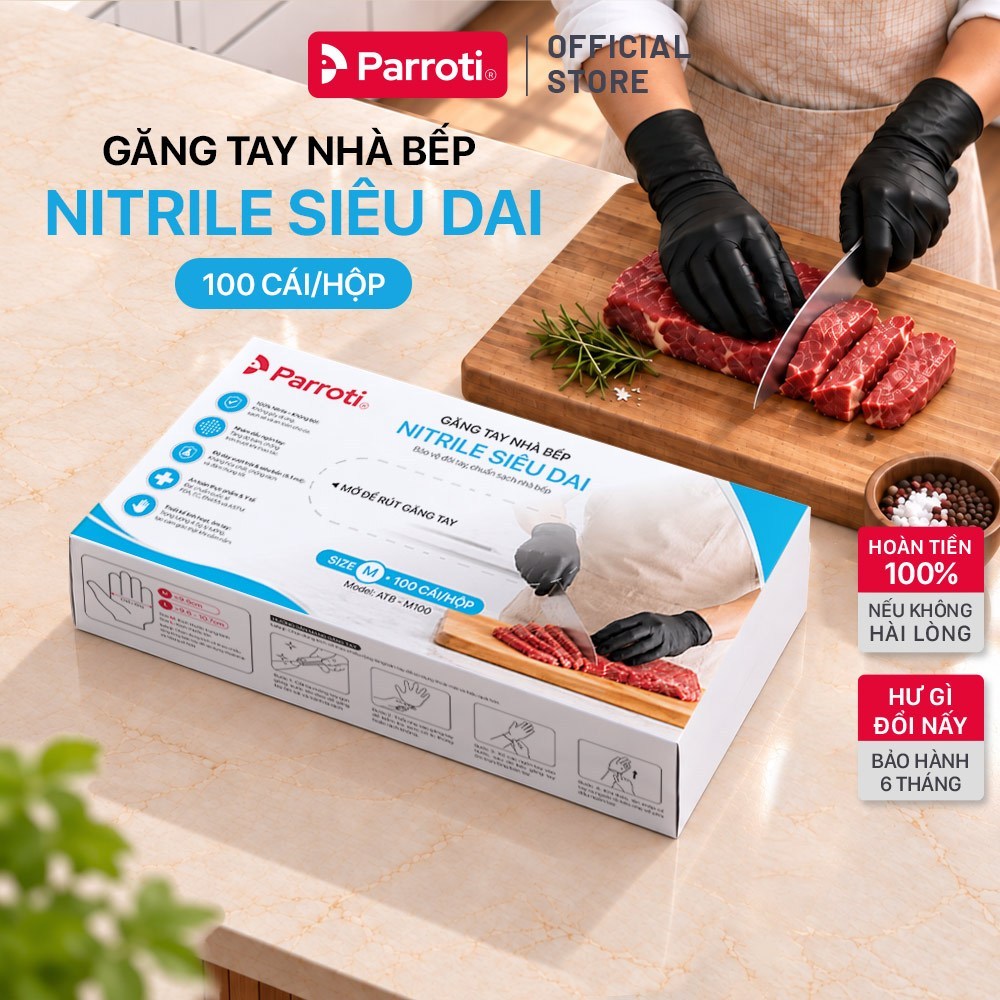 Găng Tay Nhà Bếp Nitrile Siêu Dai Parroti Hộp 100 Cái Không Bột, Không Mùi Cao Su, An Toàn Thực Phẩm (Size M/L)- ATB100