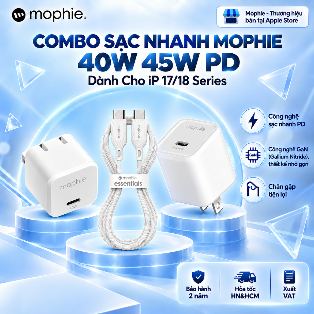 [iP 18/17 Series/Android] Combo Sạc Nhanh Mophie PD 40W 45W Công Nghệ GaN/PPS/AVS, Chân Gập, Bảo Hành 24 Tháng