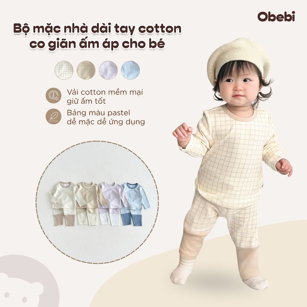 Bộ Mặc Nhà Thu Đông Phối Màu Gấu Họa Tiết In Kẻ Đáng Yêu Cho Bé Trai Bé Gái Từ 6 - 23kg Obebi BMN254