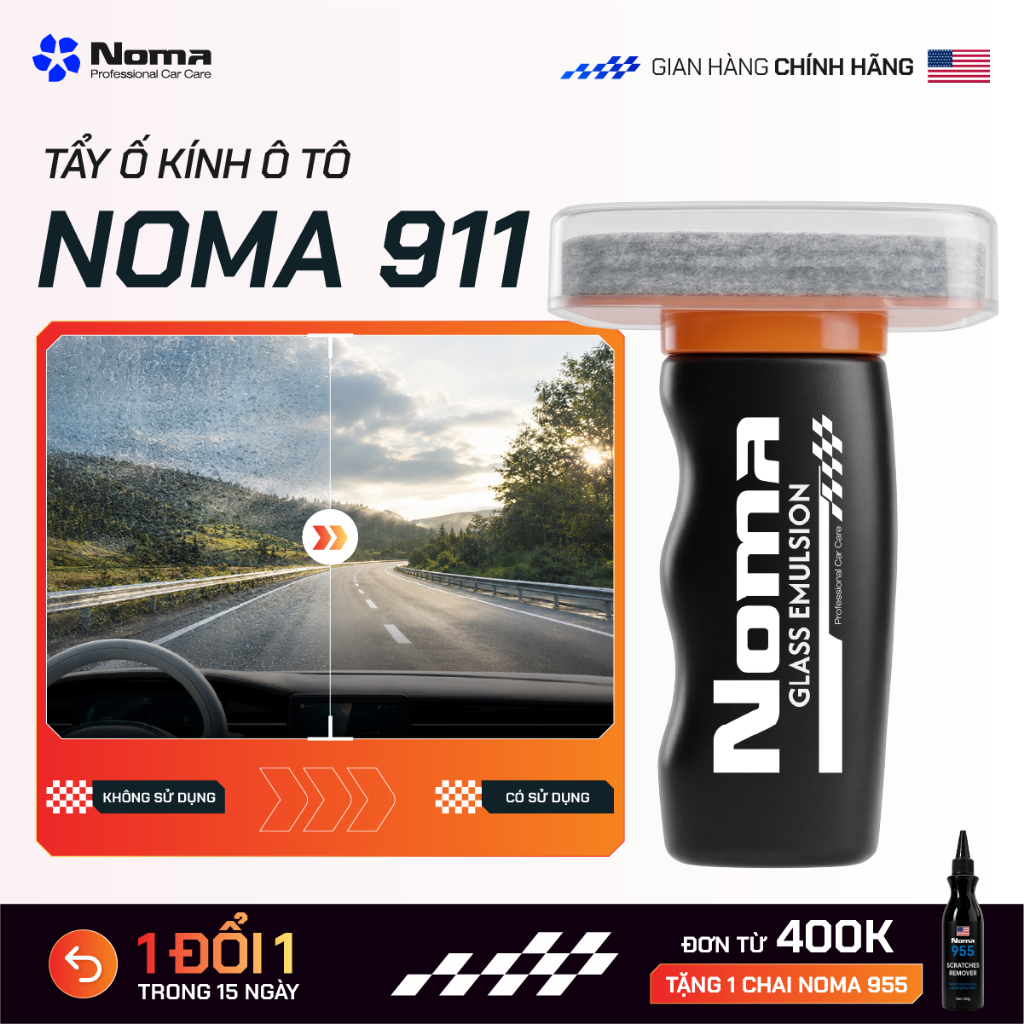 NOMA 911 Tẩy Ố Kính Ô Tô – Xóa Cặn Canxi, Màng Dầu, Vết Ố Kính Lái – Kèm Pad