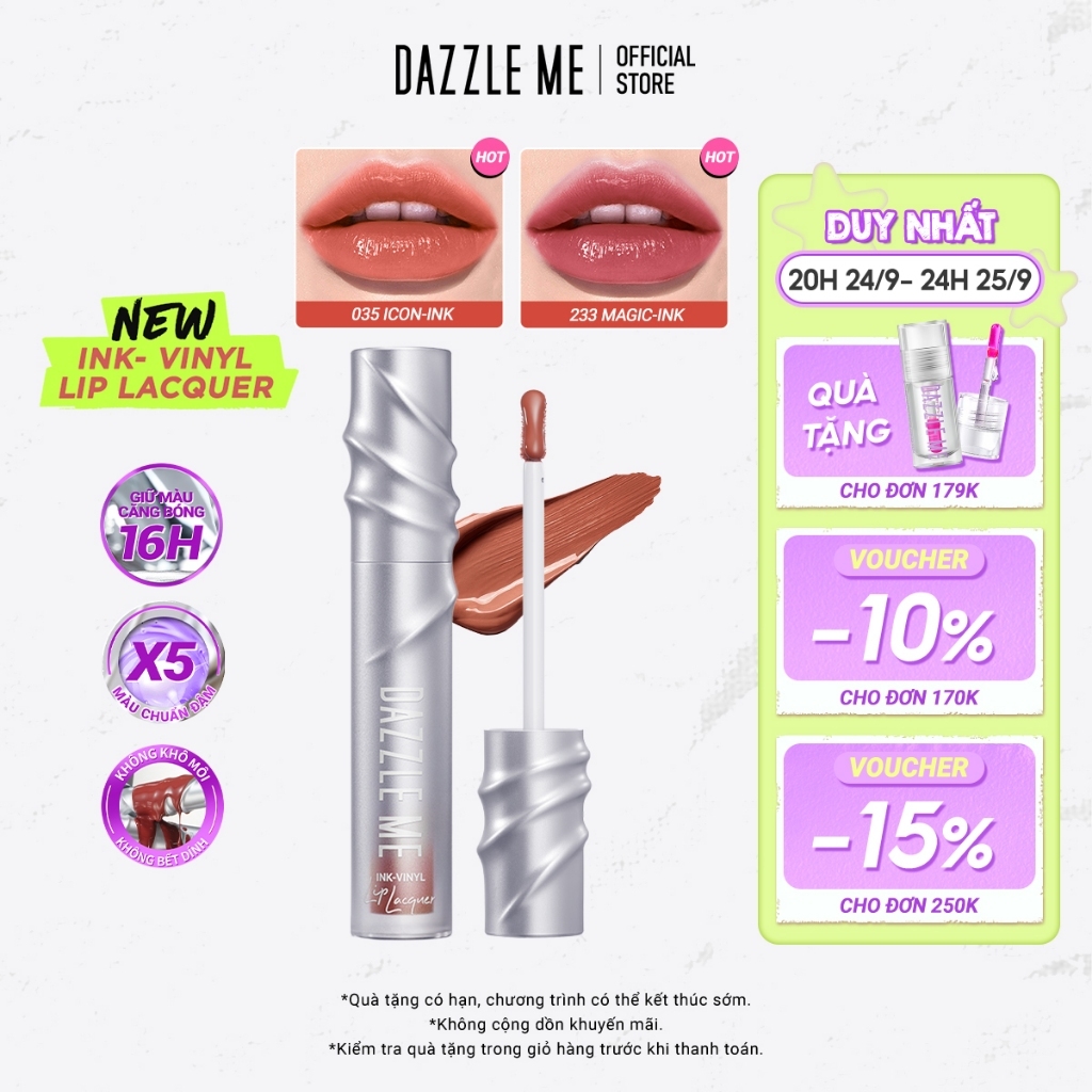 Son kem bóng Dazzle Me Ink-Vinyl Lip Lacquer lâu trôi mịn màng kháng nước màu đẹp 2.5ml