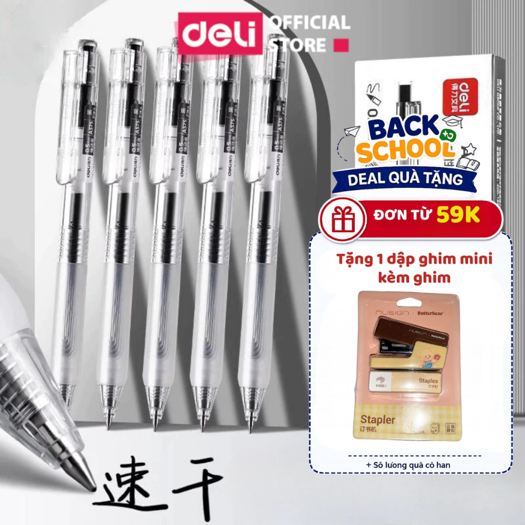 [🔥25/9 TẶNG DẬP GHIM] Bút Bi Gel Bấm Deli A575 Ngòi 0.5mm Mực Xanh Đen Đỏ Viết Trơn Mực Ra Đều Cho Học Sinh Văn Phòng