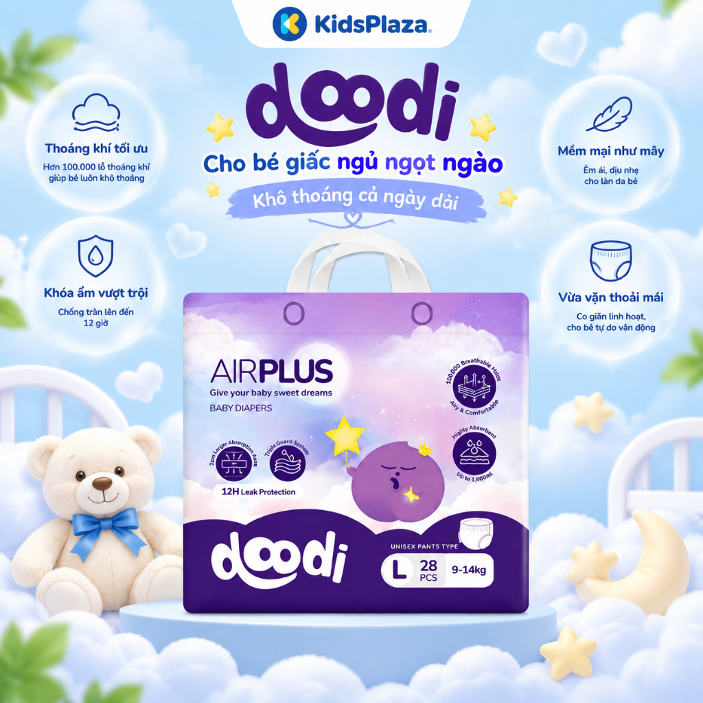 (M1) Tã quần Doodi AirPlus cao cấp (BỈM ĐIỀU HOÀ), lõi siêu mỏng, thấm hút chống tràn - KidsPlaza
