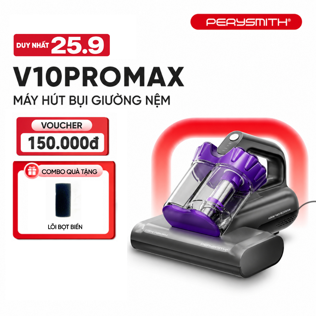 Máy Hút Bụi Giường Nệm PerySmith V10Pro Max, Có Dây, Con Lăn, Diệt Khuẩn, Hút Bụi Mịn, Có Đèn UV