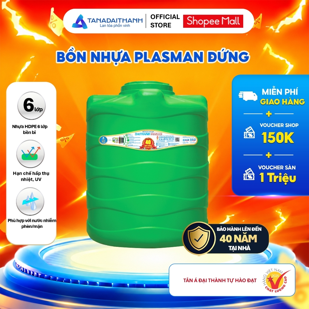 [GIAO TOÀN QUỐC] Bồn Nước Nhựa Đứng Plasman 500/1000/1500/2000 Lít -Bền Bỉ, Bảo Hành Lên Đến 40 Năm