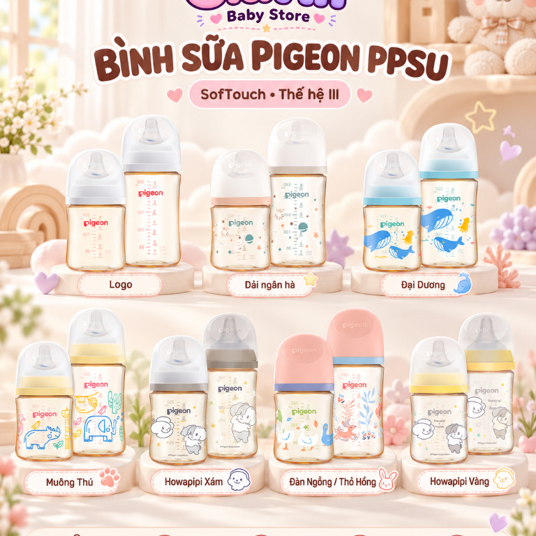 Bình sữa Pigeon PPSU cổ rộng 160ml 240ml, núm ty SofTouch/thế hệ III, nhiều họa tiết