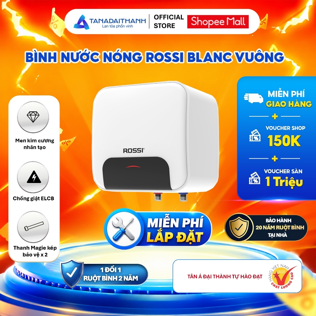 [GIAO LẮP TOÀN QUỐC] Bình Nóng Lạnh Gián Tiếp Rossi Blanc Vuông 15/20/30 Lít - Tiết Kiệm Điện, An Toàn Vượt Trội