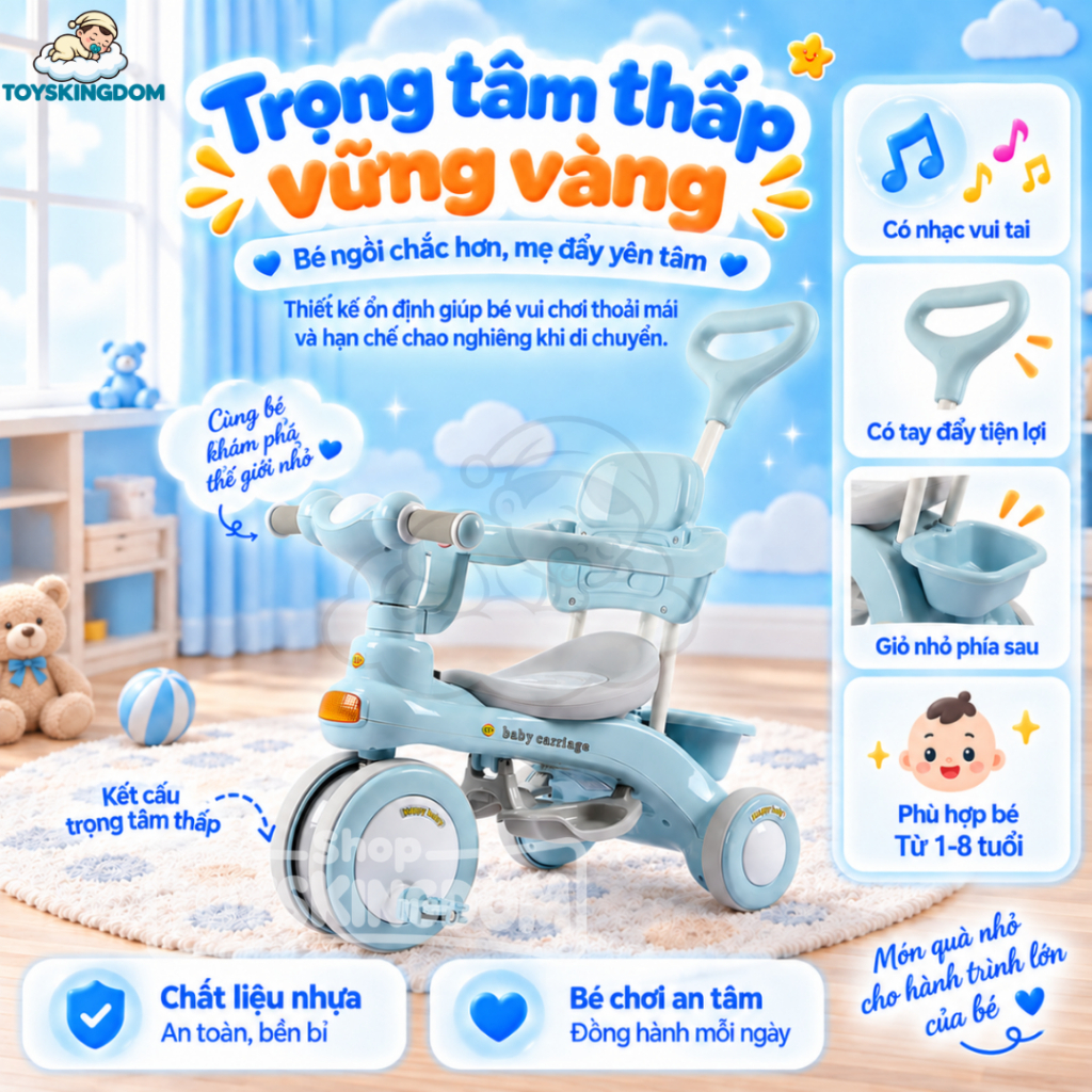 ⚡Hỏa Tốc 2H⚡ Xe Đạp Ba Bánh Cho Bé Từ 1 Đến 3 Tuổi Có Cần Đẩy Phát Nhạc Sinh Động Toyskingdom