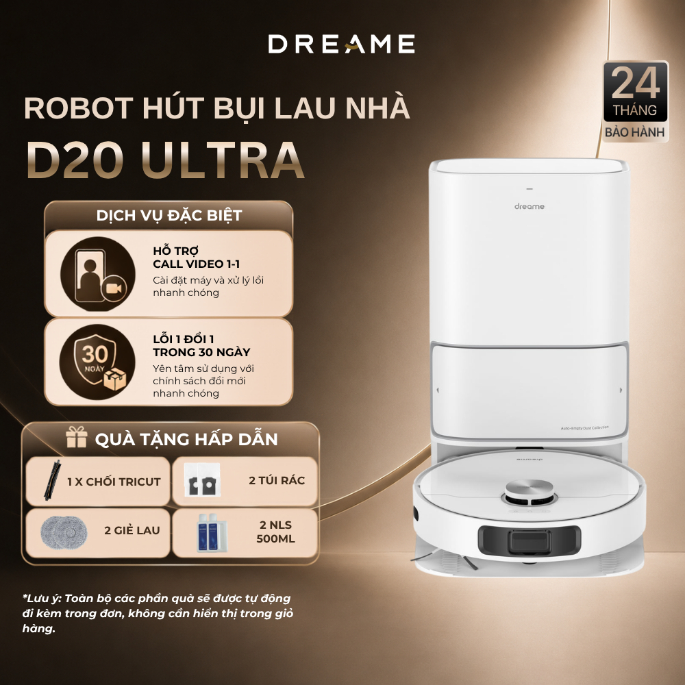 Robot Hút Bụi Lau Nhà Dreame D20 Ultra 13.000Pa, Lưu 3 Bản Đồ, Trạm Sạc Đa Năng Rảnh Tay Đến 100 Ngày, Bảo Hành 24 Tháng