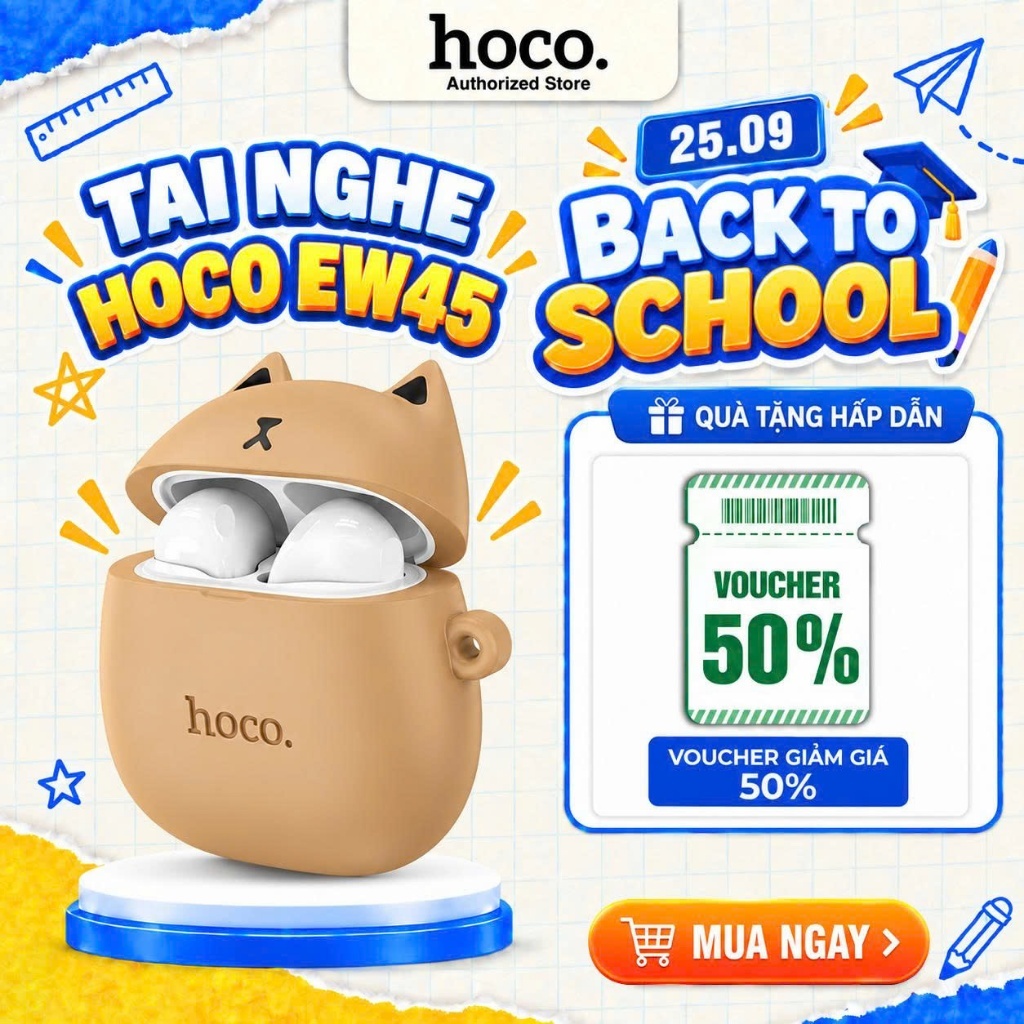[Tặng ốp Mèo] Tai nghe Bluetooth Hoco EW45 cao cấp - tai nghe kiểu dáng thời trang cute giành cho giới trẻ