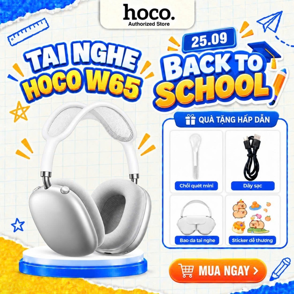 [Tặng bọc tai nghe] Tai nghe chụp tai W65 Plus Hoco bản cao cấp bluetooth 5.4 thiết kế sang trọng chính hãng