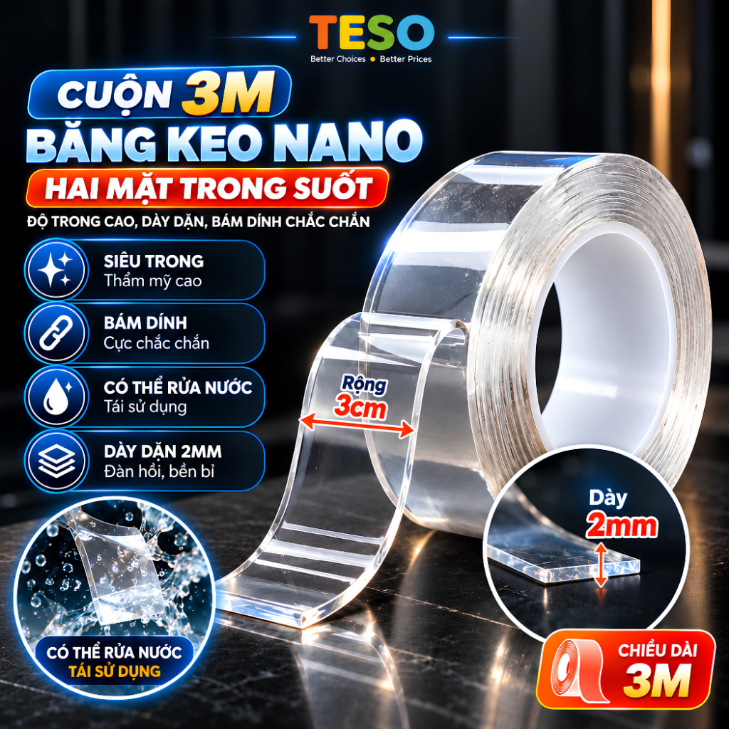 CUỘN 3M Băng Keo Nano Dày 2mm 2 Mặt Trong Suốt Dán Tường TESO, Băng Dính Trong Suốt Dán Tường Treo Đồ
