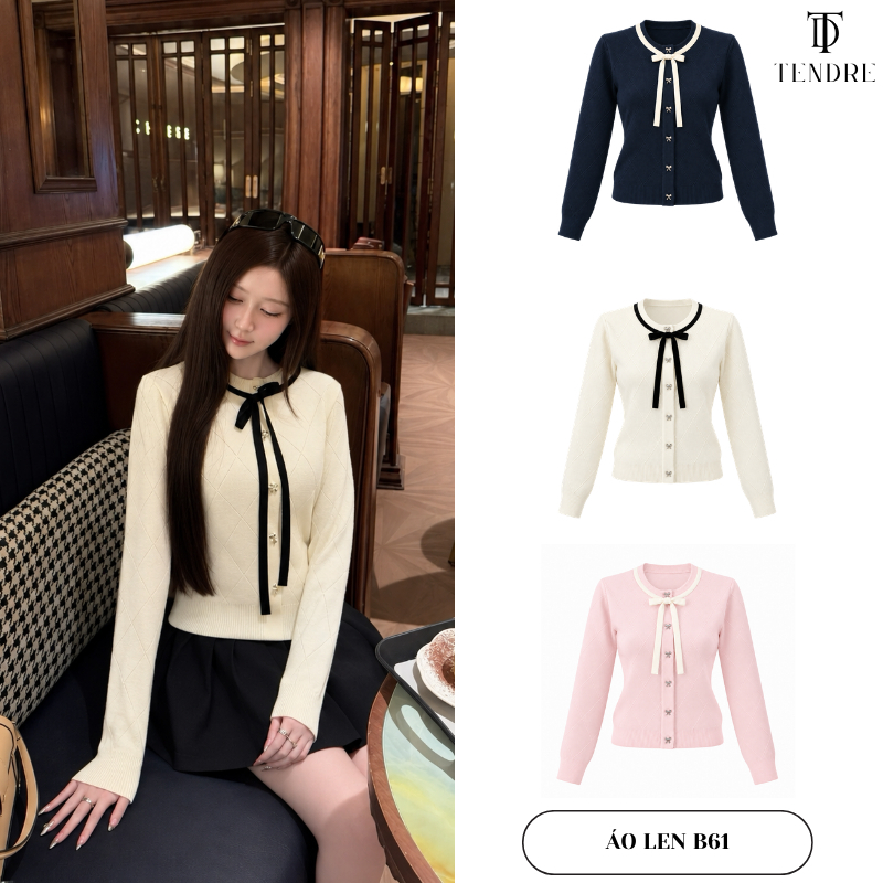 TENDRE - Áo Len Nữ Dệt Kim Cổ Tròn Phối Viền, Áo Khoác Cardigan Len Cúc Nơ Thanh Lịch Phong Cách Hàn Quốc Dễ Phối Đồ B61