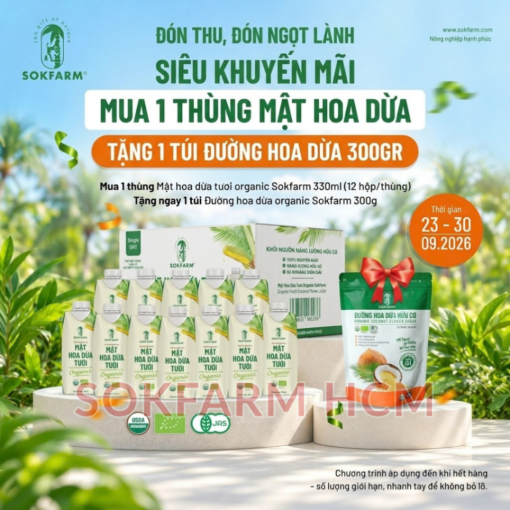 [Mua 1 Thùng Tặng 1 túi đường 300g] Nước uống Mật hoa dừa tươi tiệt trùng Organic SOKFARM siêu ngon