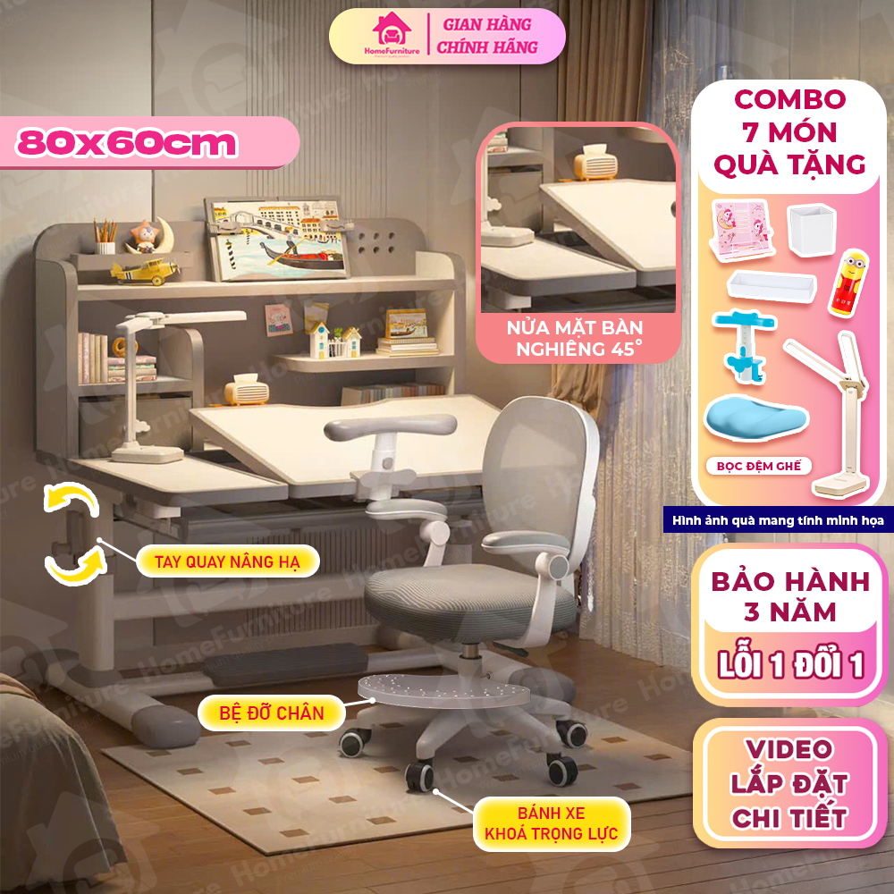Bộ bàn học H75 Plus ghế xoay 360 độ, bánh xe khóa trọng lực mặt bàn nghiêng 60 độ chống nước và chống thấm, kèm quà tặng