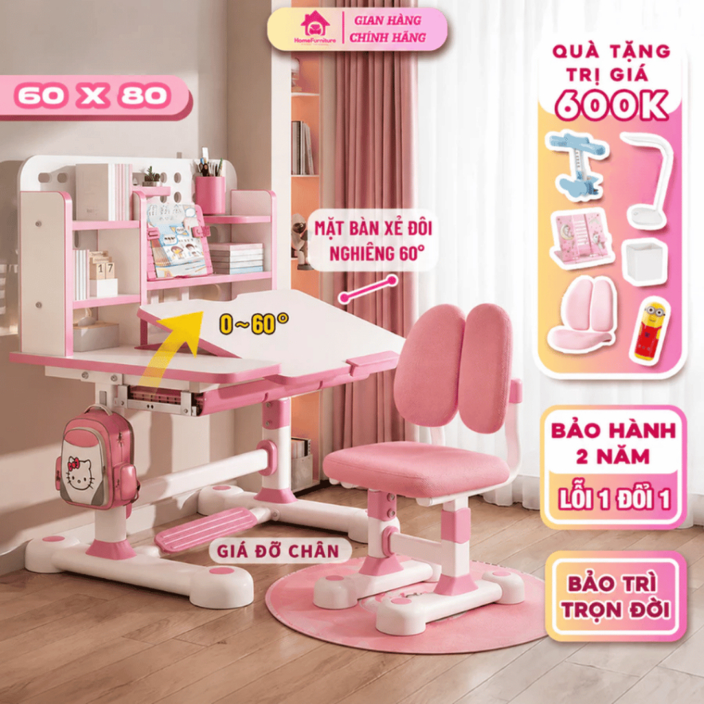 Bộ Bàn Học Chống Gù C12 cải tiến Home Furniture size Lớn 60x80, Mặt Bàn Nghiêng 2/3 bằng piston, Thay Đổi Được Chiều Cao