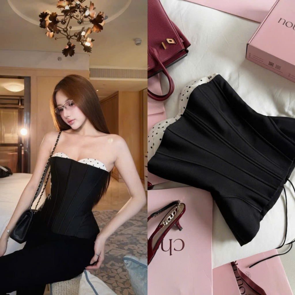 Áo Corset Phối Chấm Bi Đan Dây Lưng Ôm Sát Tôn Dáng
