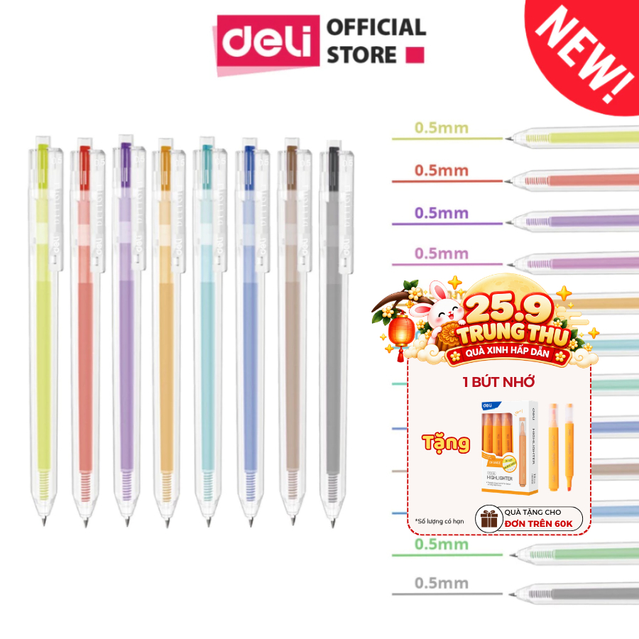 Bút bi nước mực gel bấm EG118 nhiều màu 0.5mm Deli xinh xắn nhanh khô viết đều nhiều mực