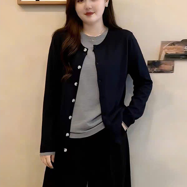 (47-90) ÁO ĐEN ĐÍNH LIỀN XÁM, CHẤT COTTON CO GIÃN, FORM LAYING BASIC THANH LỊCH, CHE BỤNG TỐT
