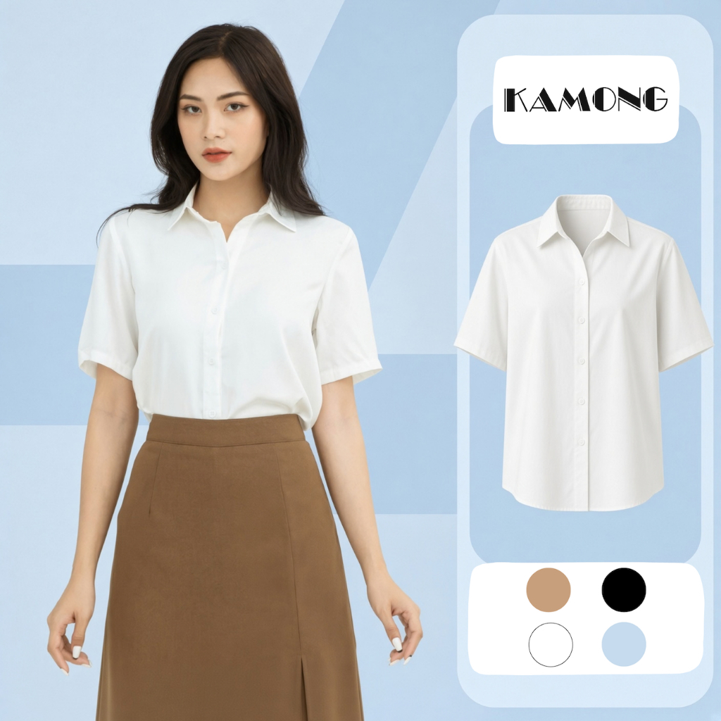 Áo sơ mi nữ tay ngắn công sở KAMONG kiểu dáng cơ bản vải lụa sang trọng A146