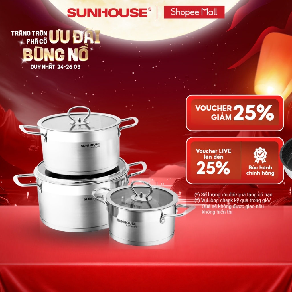 Bộ nồi inox 5 đáy Sunhouse Mama SH784: Gồm 3 nồi - Dùng mọi loại bếp - Đáy 5 lớp hạn chế cháy khét - Hàng chính hãng