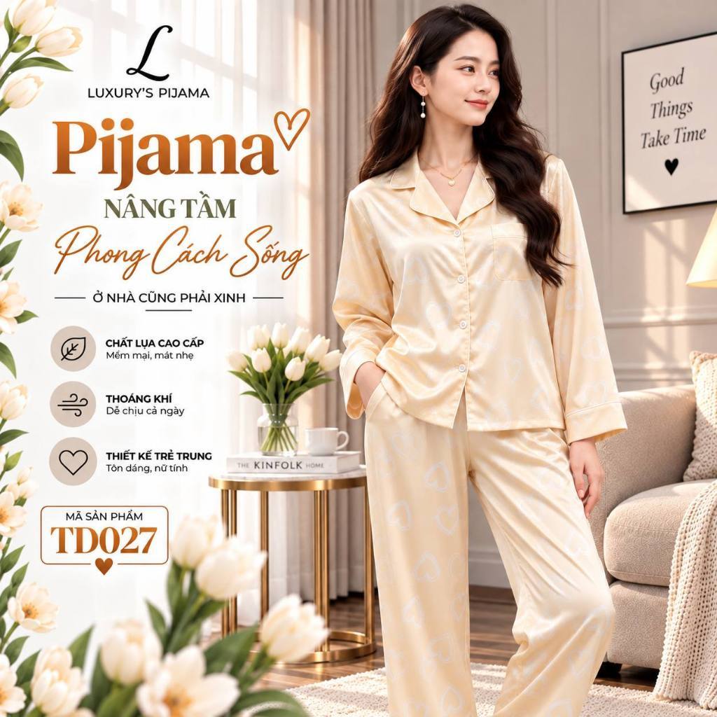 Đồ bộ LUXURY PIJAMA lụa latin cao cấp, mềm mịn sang trọng tay dài họa tiết trái tim vàng cam nhạt TD027