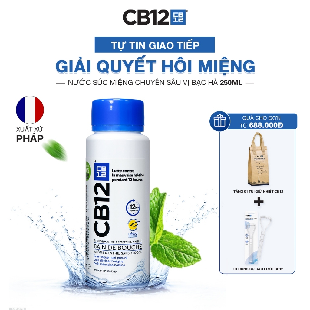 Nước Súc Miệng Kiểm Soát Hơi Thở 12H CB12 Mint Hương Bạc Hà 250ml - Khử Hôi Miệng - Không Cồn, Dịu Nhẹ