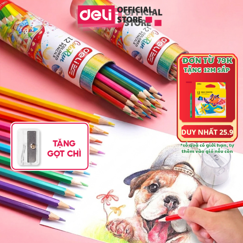 [🔥TẶNG GỌT+12 MÀU SÁP] Bút Chì Màu Gốc Dầu Deli Dạng Cốc/Lon 12/24/36/48 Màu Chì Tươi Bền Ruột Có Chuốt Chì Ở Nắp