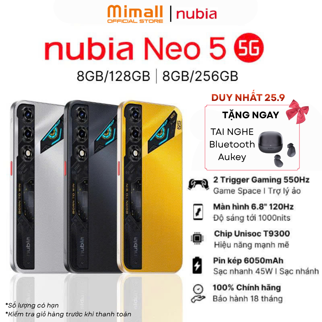 Điện thoại gaming Nubia Neo 5 5G I Chip Unisoc T9300 I Pin Kép 6050mAh sạc 45W I 2 Triggers Gaming - Bảo hành 18 tháng